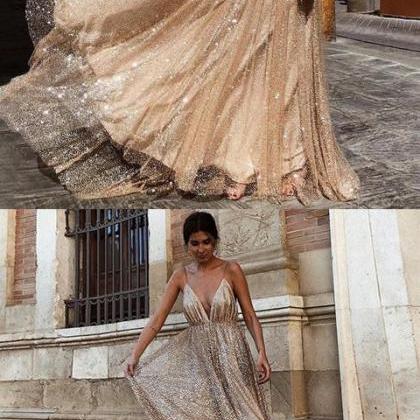 A Line Spaghetti Straps V Neck Sequins Open Back Satin Prom Dress with Pockets LBQ3014