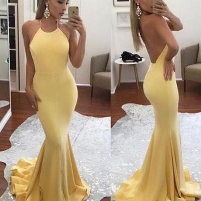 Yellow mermaid backless long prom dress, yellow evening dress,woman dress