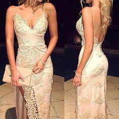 Spaghetti Straps Mermaid Lace Prom Dresses,Long Prom Dress