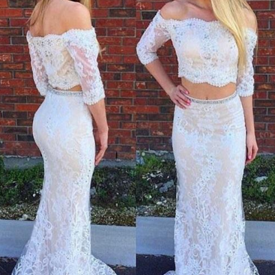 Off the Shoulder Ivory Lace Two Piece Mermaid Prom Dresses with Half Sleeves,Off the Shoulder Two Piece White Lace Sexy Evening Dress