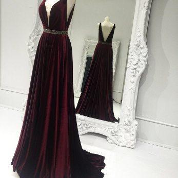 A line V-neckline Deep Burgundy Prom Dress, V-back Evening Dress