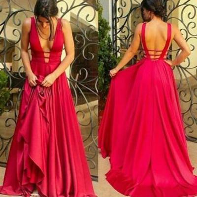 Custom Color Formal Dresses, Formal Gowns, Evening Dresses,Red v neck long prom dress ,red formal dresses,formal dresses