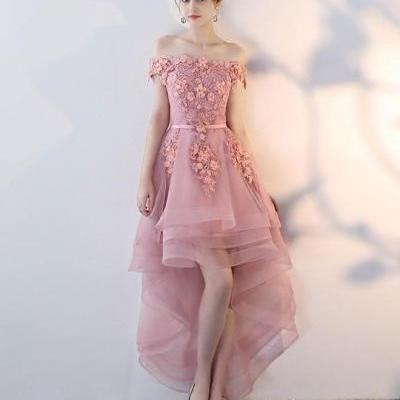 Pink Lace High Low Prom Dress
