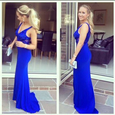 2019 Royal Blue Sexy V-Neck Mermaid Long Prom Dresses Custom Made A-Line Satin Formal Evening Gowns