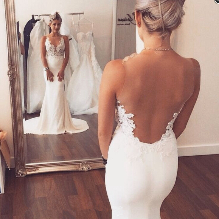 Lace Appliques Plunge V Sleeveless Floor Length Mermaid Wedding
