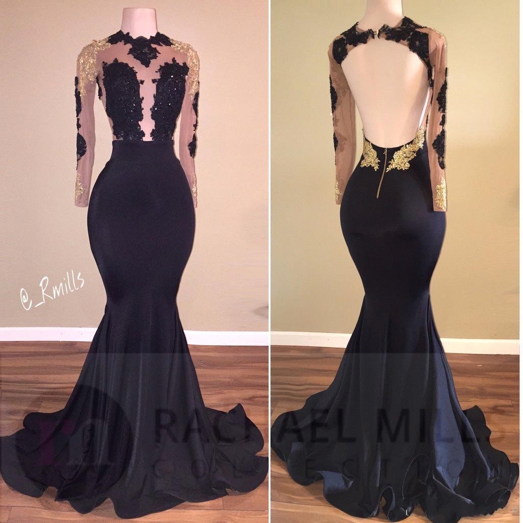 black and gold mermaid prom dress