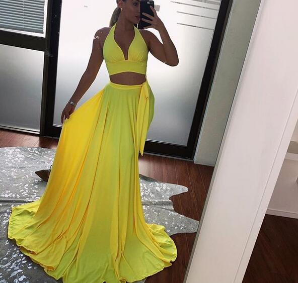 Bright Yellow Spandex Deep V Neck Two Pieces Split Prom Dresses Open ...
