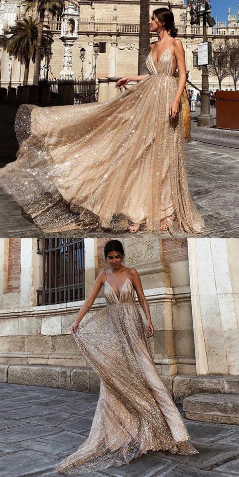 Sparkly A-Line V-Neck Spaghetti Straps Cheap Long Prom Dresses Online,RBPD0015