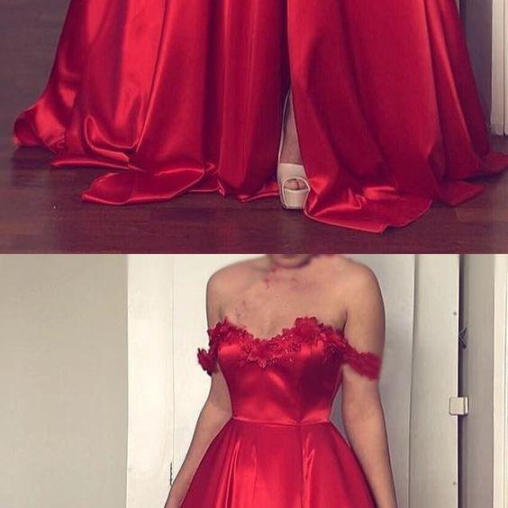 A-Line Floor-Length Stain Off-The-Shoulder Split Front Sweetheart Prom Dresses with Lace main image 1