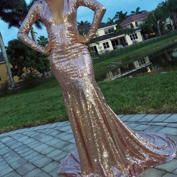 Sequin Prom Dresslong Sleeves Prom Dressbackless Prom Dressesprom Dresses Rose Goldsexy 6798