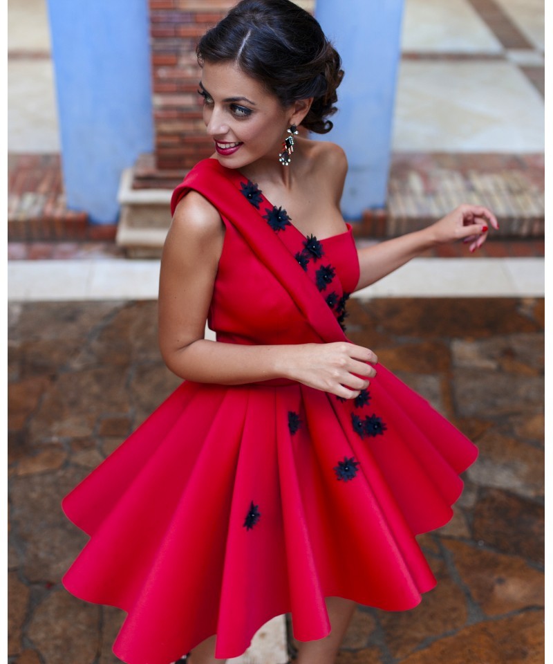 Red Homecoming Dresses One Shoulder Satin Appliques on Luulla