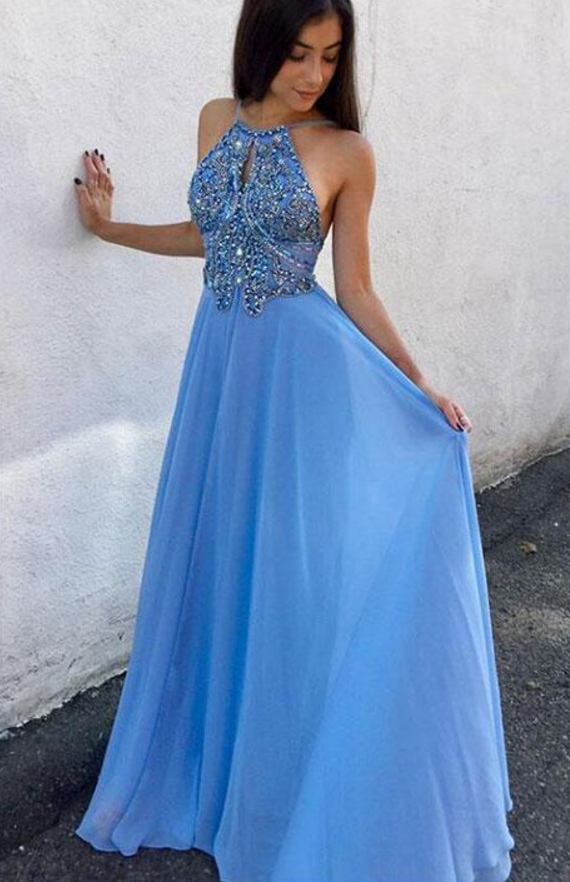 Open Back Long Light Blue Chiffon Prom Dresses Crystals Women Party ...